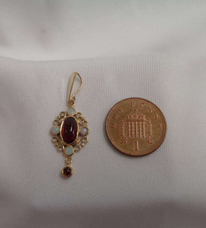 Garnet and Opal Pendant 375 9ct Yellow Gold Length 36 mm