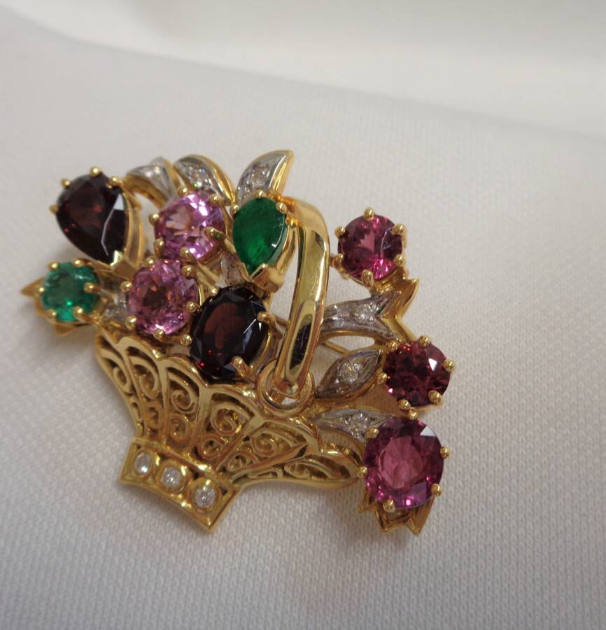 Antique Multi-Gem Flower Basket Brooch