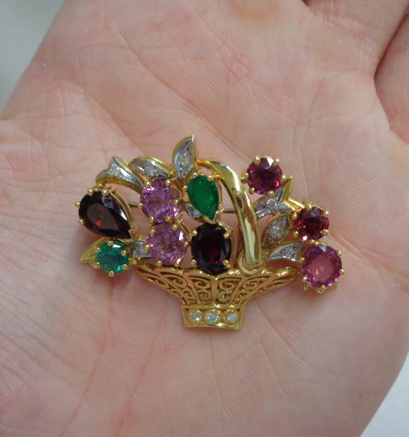 Antique Multi-Gem Flower Basket Brooch