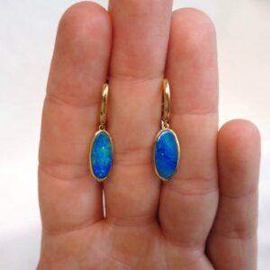 Black Opal Earrings in 18 Carat Yellow Gold - Huggie Fastenings - Length 28mm - (S7662) - Image 5