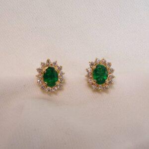 Beautiful Emerald & Diamond Cluster Earrings 14ct Yellow Gold - 13mm x 11mm (S7533) - Image 2