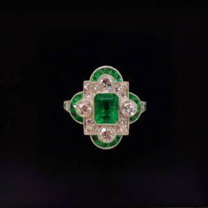 Spectacular Art Deco Style 1.19ct Emerald & 0.55ct Natural Diamond Cluster Ring in Platinum - Certified - Size M1/2 (S7740) - Image 8