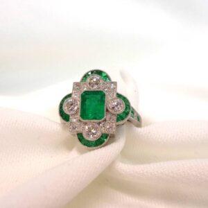 Spectacular Art Deco Style 1.19ct Emerald & 0.55ct Natural Diamond Cluster Ring in Platinum - Certified - Size M1/2 (S7740) - Image 9