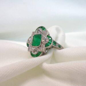 Spectacular Art Deco Style 1.19ct Emerald & 0.55ct Natural Diamond Cluster Ring in Platinum - Certified - Size M1/2 (S7740) - Image 10