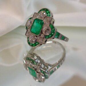 Spectacular Art Deco Style 1.19ct Emerald & 0.55ct Natural Diamond Cluster Ring in Platinum - Certified - Size M1/2 (S7740) - Image 5