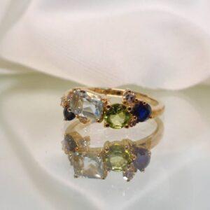 Unique Diamond, Sapphire, Aquamarine & Peridot Ring 9ct Yellow Gold - 2.3g - Size M (S8048) - Image 5