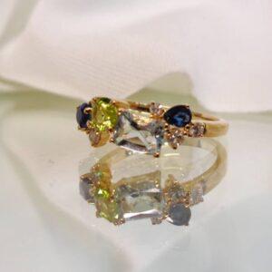 Unique Diamond, Sapphire, Aquamarine & Peridot Ring 9ct Yellow Gold - 2.3g - Size M (S8048) - Image 6