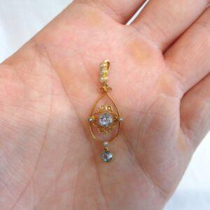 Beautiful Antique Aquamarine & Seedpearl Pendant 14ct Gold - Length 38mm (S8114) - Image 7