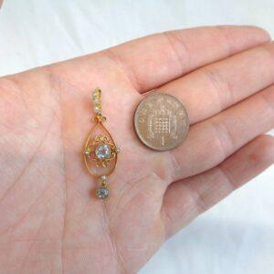 Beautiful Antique Aquamarine & Seedpearl Pendant 14ct Gold - Length 38mm (S8114) - Image 8
