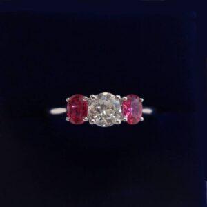 Beautiful Ruby and Diamond Three Stone Ring 18ct White Gold - Size N (US 6.75) - S8299 - Image 1