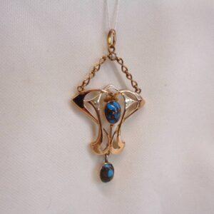 Antique Turquoise & Seed Pearl Pendant 9ct Yellow Gold - Length 60mm (S8361) - Image 5