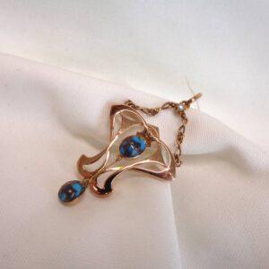 Antique Turquoise & Seed Pearl Pendant 9ct Yellow Gold - Length 60mm (S8361) - Image 4
