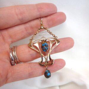Antique Turquoise & Seed Pearl Pendant 9ct Yellow Gold - Length 60mm (S8361) - Image 3
