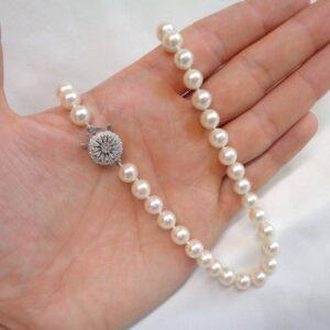 Vintage c.1967 Cultured Pearl Necklace 9ct White Gold Diamond Clasp - Length 18in (S8364) - Image 4