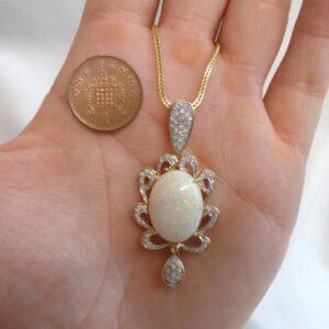 Quality Natural Opal & Diamond Pendant 18ct Yellow Gold - Large 51mm Length - Chain 19in (S7880) - Image 9