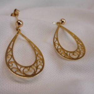 Fancy Teardrop Shaped Drop Earrings 9ct Yellow Gold - Filigree - Length 30mm (S8343) - Image 5