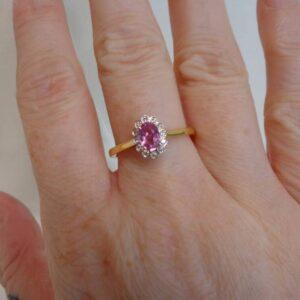 Quality Pink Sapphire & Diamond Cluster Ring 18ct Yellow Gold - Size O (US 7) (S7788) - Image 8