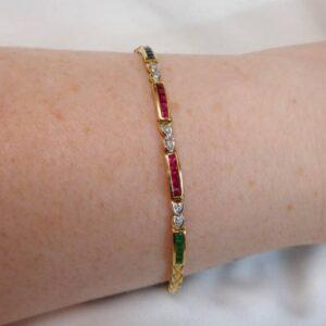 Ruby, Sapphire, Emerald & Diamond Bracelet 18ct Gold - Length 7in (S7826) - Image 3