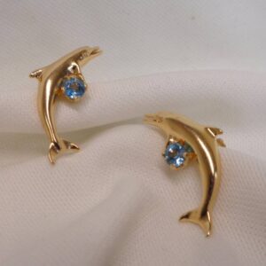 Pleasing Blue Topaz Dolphin Earrings 14ct Yellow Gold - Length 26mm (S8358) - Image 2