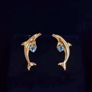 Pleasing Blue Topaz Dolphin Earrings 14ct Yellow Gold - Length 26mm (S8358) - Image 1