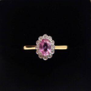 Quality Pink Sapphire & Diamond Cluster Ring 18ct Yellow Gold - Size O (US 7) (S7788) - Image 1