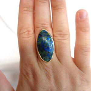 Beautiful Azurite Malachite Up finger Ring 9ct Yellow Gold - Size P (S8373) - Image 4