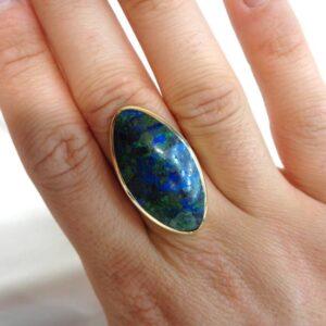Beautiful Azurite Malachite Up finger Ring 9ct Yellow Gold - Size P (S8373) - Image 6