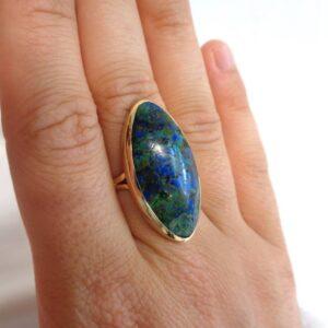 Beautiful Azurite Malachite Up finger Ring 9ct Yellow Gold - Size P (S8373) - Image 5