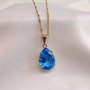 Blue Topaz Pendant 9ct Yellow Gold - Pear Cut - Length 25mm - Chain 20in (51cm) (S8377) - Image 3