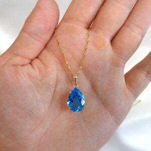 Blue Topaz Pendant 9ct Yellow Gold - Pear Cut - Length 25mm - Chain 20in (51cm) (S8377) - Image 7
