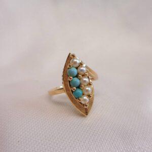 Vintage Turquoise and Seedpearl Ring 18ct Yellow Gold - Size N (US 6.75) (S8379) - Image 4