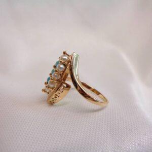 Vintage Turquoise and Seedpearl Ring 18ct Yellow Gold - Size N (US 6.75) (S8379) - Image 5