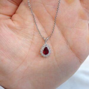 Ruby & Diamond Cluster Pendant 18ct White Gold - Pear Shaped - Length 17mm - Chain 16in (41cm) (S7859) - Image 7