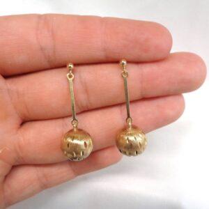 Vintage c.1973 Fancy Ball Drop Earrings 9ct Yellow Gold - Length 34mm - 2.9g (S8402) - Image 5