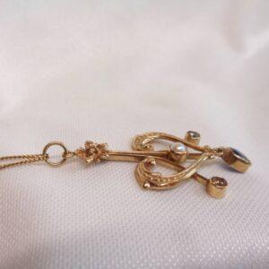 Antique Edwardian Sapphire, Seed Pearl & Diamond Pendant 9ct Yellow Gold - Length 44mm (S8406) - Image 3