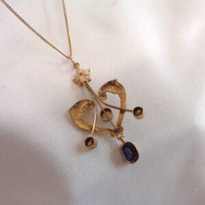 Antique Edwardian Sapphire, Seed Pearl & Diamond Pendant 9ct Yellow Gold - Length 44mm (S8406) - Image 4