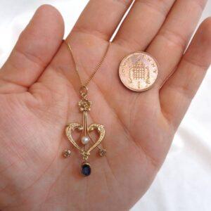 Antique Edwardian Sapphire, Seed Pearl & Diamond Pendant 9ct Yellow Gold - Length 44mm (S8406) - Image 7