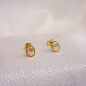 Natural Opal Stud Earrings 9ct Yellow Gold - 6.5mm x 4.5mm (S8420) - Image 3