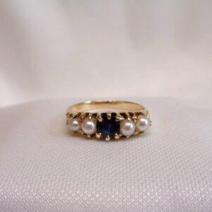 Vintage Sapphire and Cultured Pearl Five Stone Ring 9ct Yellow Gold - Size P (S8424) - Image 4