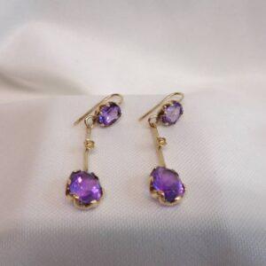 Beautiful Amethyst Drop Earrings 9ct Yellow Gold - Length 49mm (S8444) - Image 3