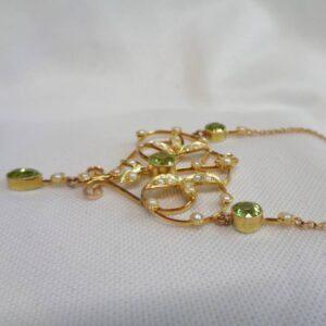 Antique Edwardian Peridot & Seedpearl Necklace 9ct Yellow Gold - Length 17in (S8403) - Image 3