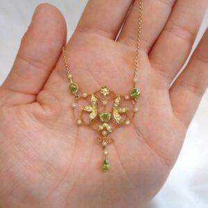 Antique Edwardian Peridot & Seedpearl Necklace 9ct Yellow Gold - Length 17in (S8403) - Image 5