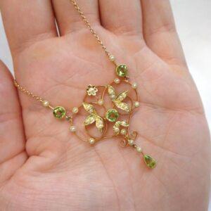 Antique Edwardian Peridot & Seedpearl Necklace 9ct Yellow Gold - Length 17in (S8403) - Image 6