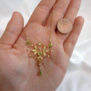 Antique Edwardian Peridot & Seedpearl Necklace 9ct Yellow Gold - Length 17in (S8403) - Image 7