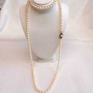 Vintage Cultured Pearl Necklace with 9ct Gold Sapphire & Pearl Clasp - Long Length 32 inches (S8456) - Image 1