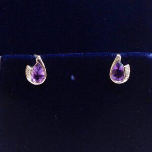 Amethyst and Diamond Pear Shaped Stud 9ct Gold - 8.5mm x 6.5mm  (S8480) - Image 1