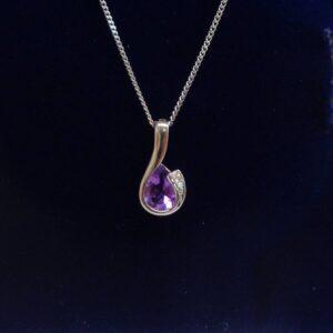 Amethyst and Diamond Pear Shape Pendant 9ct Gold - 19mm x 7mm 18inch chain (S8484) - Image 1