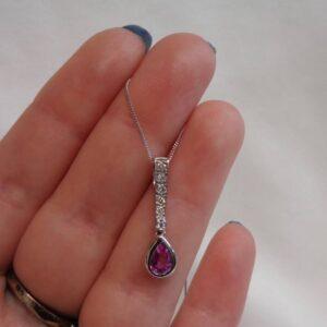 Pink Sapphire and Diamond Pendant 18ct White Gold - Length 23mm - Chain 18in (S8503) - Image 6