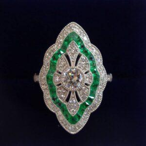 Art Deco Style Emerald and Diamond Cluster Ring Platinum - Size L 1/2 (US 6) (S8554) - Image 1