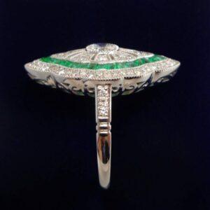 Art Deco Style Emerald and Diamond Cluster Ring Platinum - Size L 1/2 (US 6) (S8554) - Image 2
